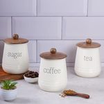 Metallure Home Stylish Airtight Kitchen Containers | Set of 3 Metal & Wood Jars | Tea, Coffee & Sugar (Food Safe) (Cream)