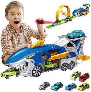 Frontoytall Shark Racing Car Playset with Carrier Truck, Loop Track & Launcher – 6 x 1:64 Scale Race Vehicles, STEM Toys for Kids 3-12, Quick Assemble, Durable ABS Plastic (ASTM Certified)