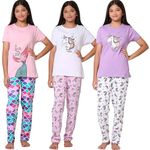 TotzTouch Baby | Kid Girls Night Wear T Shirt | Pajama Pant Set of 3 Mermaid and Unicorn Print (3, 7-8 Years)