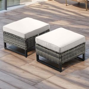 HUMMUH Outdoor Ottomans for Patio Set of 2 PE Wicker Outdoor Footstool with Removable Weather-Resistant Cushions for Patio, Backyard