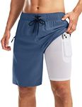 Pinkbomb Men's Swim Trunks with Compression Liner 9 Inch Quick Dry Swimsuit Swimming Swim Board Shorts for Men with Pockets (Dusty Blue, M)