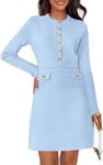 MEROKEETY Women's Long Sleeve Bodycon Sweater Dress Button Crew Neck Elegant Formal Mini Dresses, LightBlue, X-Large