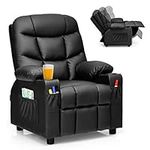 Costzon Kids Recliner Chair with Cup Holder, Adjustable Leather Lounge Chair w/Footrest & Side Pockets for Children Boys Girls Room, Ergonomic Toddler Furniture Sofa, Kids Recliner (Black)