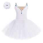 Toddler Kids Girls Ballet Swan Lake Dress Angelina Ballerina Costume Rhinestone Camisole Skirted Leotard Ballet Dance Tutu Dress Dancewear Fairy Princess Dress with Flower Hair Clip White 7-8 Years