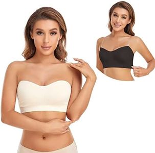 Lusait Strapless Bra for Women Non-Slip Silicone Padded Bandeau Bra Wireless Tube Top Bra Black+Beige 2Pack 2XL