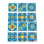 Artook Decor Decorative Ceramic Tile Mosaic Tiles, Floral Motifs, Made in India (Sky Blue, 3x3-inches Set of 12)