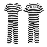 Adults Prisoner Costume - Mens Womens Convict Fancy Dress - Black & White Striped Top, Matching Trousers & Hat - Unisex TV & Film/Halloween Dress Up (Small)