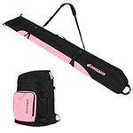 Odoland Ski Bag & 55L Boot Backpack Combo, Padded Snowboard Bags & Ski Boot Bag for Air Travel, Waterproof Snow Ski Bags Fit Skis Up to 200cm for Store Transport Ski Gear Pink