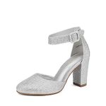 DREAM PAIRS Womens High Heels Closed Toe Court Shoes Block Ankle Strap Ladies Sandals for Wedding Angela,Silver Glitter Size 8/6 UK