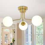 JHLBYL Modern Brass Gold Ceiling Light, 3-Light White Globe Glass Shade with G9 Base Semi Flush Mount Ceiling Light, Gold Pendant Light Fixture for Living Room, Bedroom, Dining Room