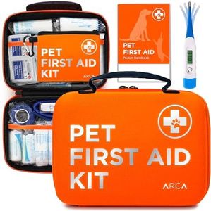 ARCA PET Cat & Dog First Aid Kit Home Office Travel Car Emergency Kit Pet Travel Kit – 100 Pieces with Thermometer and Bonus Mini First Aid Kit Pouch & Emergency Collar [Hard Case for Protection]