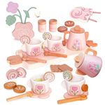 Smartwo 26Pcs Wooden Tea Set for Little Girls, Play Kitchen Accessories for Toddlers Princess Tea Party with Play Food, Pretend Play Tea Set Toy for Kids 1 2 3, Improve Imagination and Social Skills