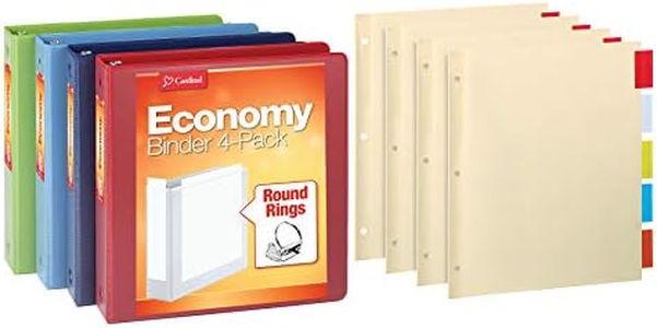 Cardinal 3 Ring Binder Economy Pack, Binders for School and Office, 4 Sets of Binder Dividers, Durable 1.5 Inch, Holds 350 Sheets, ClearVue Binder, Non-Stick, Assorted Colors, 4 Pack (79551)