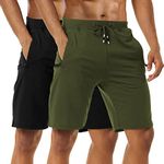 Boyzn Men's 2 Pack Casual Shorts Cotton Workout Elastic Waist Short Pants Adjustable Drawstring Gym Shorts with Zipper Pockets Black/Army Green-S