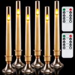 Homemory 6 Pcs Flameless Taper Candles with Remote and Timer, 3D Wick LED Candlesticks Flickering, Window Candles with 2 Light Modes, Battery Operated Candles for Xmas Wedding Decor, 9.6 Inch, Gold
