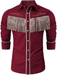 TURETRENDY Men's Western Cowboy Fringe Shirts Long Sleeve Embroidered Slim Fit Casual Button Down Shirts, Red-1, XX-Large