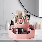 JOYOSWO 360 Rotating Makeup Brush Holder, 13 Slots Large Capacity Pink Makeup Organizer, Detachable Vanity Organizer for Desktop Bathroom Countertop (Pink)