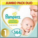 Pampers Baby Nappies Size 1 (2-5 kg / 4-11 lbs) Premium Protection,�(New Baby),�144 Count, JUMBO PACK DUO, Baby Essentials For Newborn