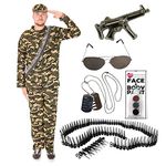 MENS ARMY COSTUME + CAP + CAMO FACEPAINTS + BULLET BELT + INFLATABLE GUN + AVIATOR GLASSES + DOG TAGS NECKLACE. ACTION MAN SOLDIER COSTUME FOR MEN. SIZE: LARGE