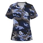 Scrub_Tops for Women Healthcare Working Uniform Short Sleeve Nurse T-Shirt Leopard Print V-Neck Tunic Top with Pockets Blue