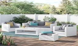 OMCCO 5PCS Outdoor Patio Furniture Set, Rattan&Wicker Conversation Sofa Set with Glass Coffee Table, for Garden, Backyard,Terrace (White and Gray)