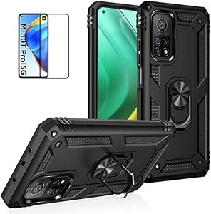 for Xiaomi 10T 5G Mi 10t Pro 5G Case with Screen Protector,Slim Fit Military Protection Shockproof Armor Defender Protective Back Cover Phone Case for Xiaomi Mi 10T Pro 5G /Mi 10T with Ring Kickstand (Black)