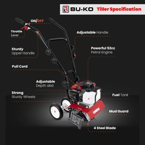 BU-KO 52cc Petrol Garden Tiller – 3HP 2-Stroke Soil Cultivator, Lightweight, Durable