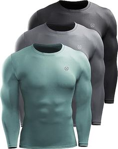 NELEUS Men's 3 Pack Dry Fit Long Sleeve Compression Shirts Workout Running Shirts, 5020 Black/Grey/Blackish Green, Medium