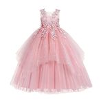 Flower Girl Dresses for Wedding Sleeveless Floral Lace Princess Tulle Tutu Big Little Girls Junior Bridesmaid Dresses First Communion Pageant Birthday Christmas Party Maxi Prom Gown Pink 7-8 Years