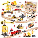 Lehoo Castle Wooden Train Set Toddler Toys, 68 Pcs Train Track for 2 3 4 5 6 7 Boys Girls, Kids Railway with Crane, Birthday Gifts for Age 3+