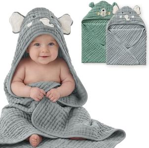 Blissful Diary Muslin Baby Hooded Towel 2 Pack, Soft & Absorbent Bath Towel for Infant, Toddler, Unisex, Baby Gift, Newborn Essentials, Smart Bear & Wise Elephant