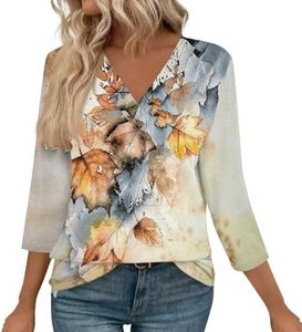 FQZWONG 3/4 Length Sleeve Womens Tops, 2025 Spring Summer V Neck T Shirts Blusas Casuales De Mujer Bonitas Loose Casual Ladies Floral Print Blouses Basic Graphic Tees Cruise Resort Wear (Khaki,M)