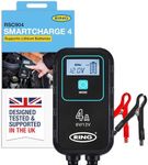 RING SMARTCHARGE 4A Car Charger & Maintainer With Crocodile Clips & Built-In Hanging Hook - Compatible With Lithium Ion, Lead Acid, Gel, Calcium, EFB & AGM Batteries