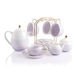 Sweejar Porcelain Tea Sets, 8 oz Cups & Saucer Teaspoons Pack of 4, Teapot Sugar Bowl Cream Pitcher and Tea Strainer for Tea, Coffee, Afternoon Tea Party (Purple)