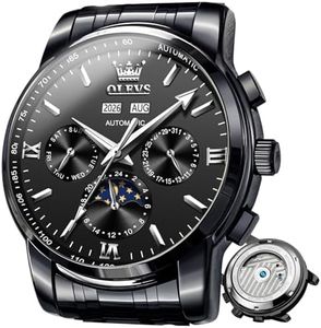 OLEVS Man Watch Automatic Mechanical Self Winding Watches for Men Wrist Watches Calendar Week Display Waterproof Black Steel Luxury Dress Swiss Made Moonphase Wristwatch Black Dial,reloj para Hombre