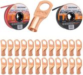 SELTERM 25pcs 4 AWG 3/8" Wide Battery Lugs with 1/2" 50ft Black & Red Marine Grade Heat Shrink Tubing Roll, 3:1 Dual Wall Adhesive, Heavy Duty Copper Wire Connectors for Battery Cable Ends & Terminals