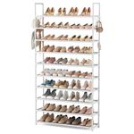 VTRIN 10 Tiers Shoe Rack Tall Large Capacity 50 Pairs Wide Shoe Organizer Sturdy Shoe Shelf for Entryway with Two Hooks Metal Shoe Storage for Closet, Bedroom, White, XJ-113