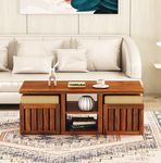 THANGLALA Sheesham Wood Coffee Table with 2 Stools Sofa Center Table Wooden Tea Table Teapoy Coctail Table for Home Living Room (Honey Finish)