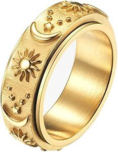 nylry Titanium Stainless Fidget Ring 8mm Moon Star Sun Spinner Rings Silver Gold Black Stress Relieving Anxiety Ring Wide Carved Worry Band for Women Men Teens Size 5-12 Gold Size 9, Stainless