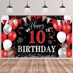 10th Birthday Backdrop Banner,BTZO Happy 10th Birthday Decorations,Red and Black Birthday Fabric Photo Background for Kids Boys Girls 10th Birthday Anniversary Party Decor,180×110cm