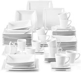 MALACASA Ivory White Dinnerware Sets, 60-Piece Porcelain Plates and Bowls Sets for 12, Square Dish Set with Dinner Plates and Bowls, Cups and Saucers, Modern Dining Ware Set, Series Blance