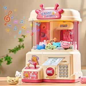 25PCS 2 in 1 Large Claw Machine, with Music & Light, Party Birthday for 3-14 Kids Gift, for Real Money Savings and Grabber Prize Dispenser Toys, Pink