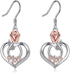 POPKIMI Mom Earrings Gifts for Mom Mom Earrings with Rose Flower 925 Sterling Silver Dangle Drop Hook Earrings