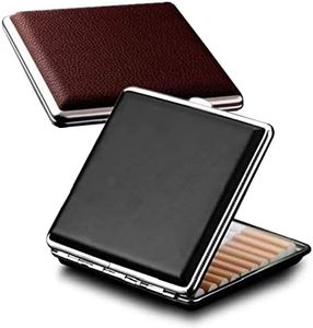 tlhaoa Cigarette Case Stylish Leather Surface Metal Box for 20 Cigarettes Cigarette Box for Men and Women Ideal Gift for Smoker 2 Boxes 84mm Regular Size(Black + Brown)