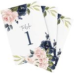 Bliss Collections Table Numbers, Navy Floral, Double-Sided Cards Plus Head Table Card for your Wedding, Reception, Anniversary, Birthday Party or Celebration, 4"x6" (1-25 plus Head Table Card)