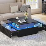 YITAHOME Coffee Table, Coffee Tables for Living Room with Storage, Square Coffee Table with 2 Sliding Drawers, Modern Coffee Table with LED Light, Acrylic Wood Center Table, Black