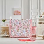 3 Pieces Flowers Crib Bedding Set Baby Ruffled Quilted Comforter with Fitted Sheet and Bed Skirt - Cute Ruffled Shabby Chic Baby Bedding Soft Blanket Floral Design