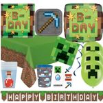 Minecraft Birthday Party Supplies Decorations | 8 Plates 16 Napkins 1 Table Cloth 8 Cake Plates 8 Cups 1 Banner 9 Balloons 24 Tattoos 1 Plastic Cup 1 Notepad