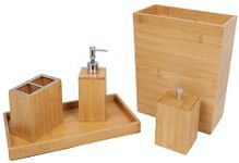 Bamboo Bathroom Accessories Set with Bamboo Trash Can | 5 Piece Complete Wood Bathroom Accessory Set | Toiletry Box | Toothbrush Holder | Liquid Soap Dispenser | Towel Tray