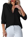 hellobaby Womens Button Down Shirts V Neck Long Sleeve Office Casual Business Plain Blouse Tops with Pocket (X-Large, Black)